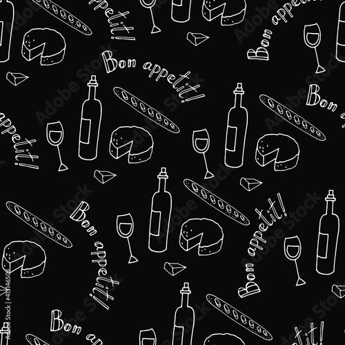 Vector seamless pattern : linear white on black bottles of wine, glass, cheese, baguette and lettering sign bon appetite in french. Chalk style design with food and drinks for textile, wrapping paper.