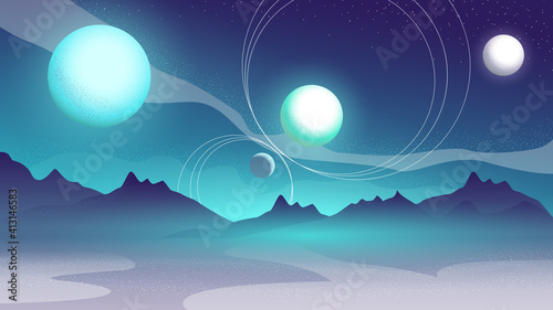 Abstract cosmic landscape with planets and sattelies in the sky. Vector illustration for posters, banners, social media advertising.