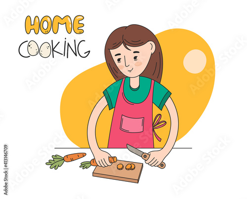 Mascot for cafe. Home cooking, at home, girl preparing dinner, carrot, vegetables, hobbies, self-isolation, vegetarian, pleasant pastime. Flat illustration with woman and food. Healthy food. Homemade