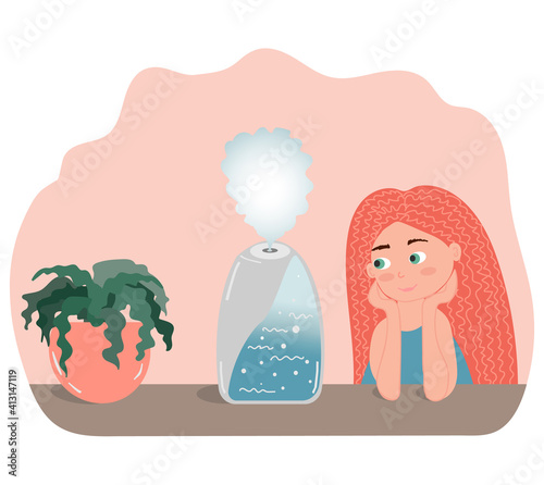 Humidifier, Girl with red hair and home plant in pink pot on the table. Eco home appliance for healthy lifestyle. Vector illustration.
