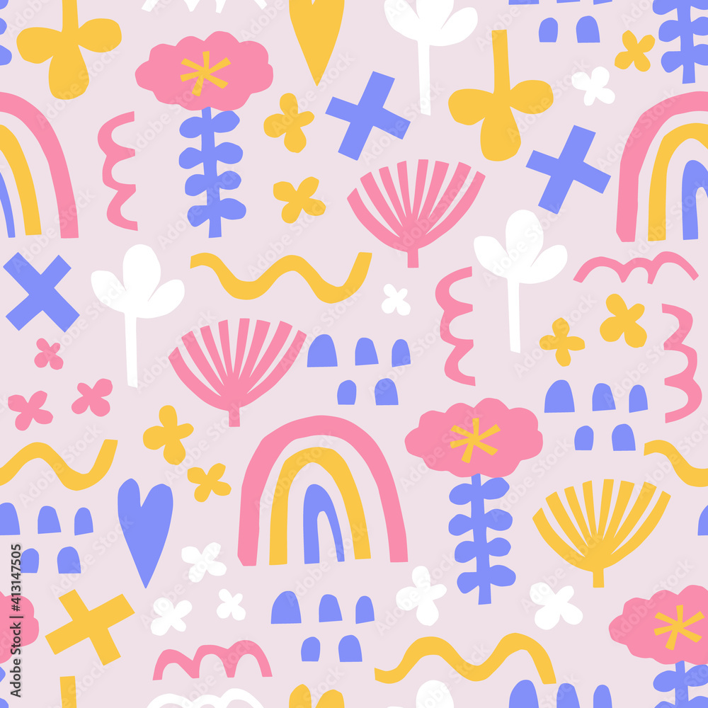 Abstract shapes seamless pattern. Modern bright funky background with rainbow, flower, clover leaf, wave. Cute vector paper cut collage - flat and simple. Trendy geometric flower print for fabric. Abstract shapes seamless pattern. Modern bright funky background with rainbow, flower, clover leaf, wave. Cute vector paper cut collage - flat and simple. Trendy geometric flower print for fabric.