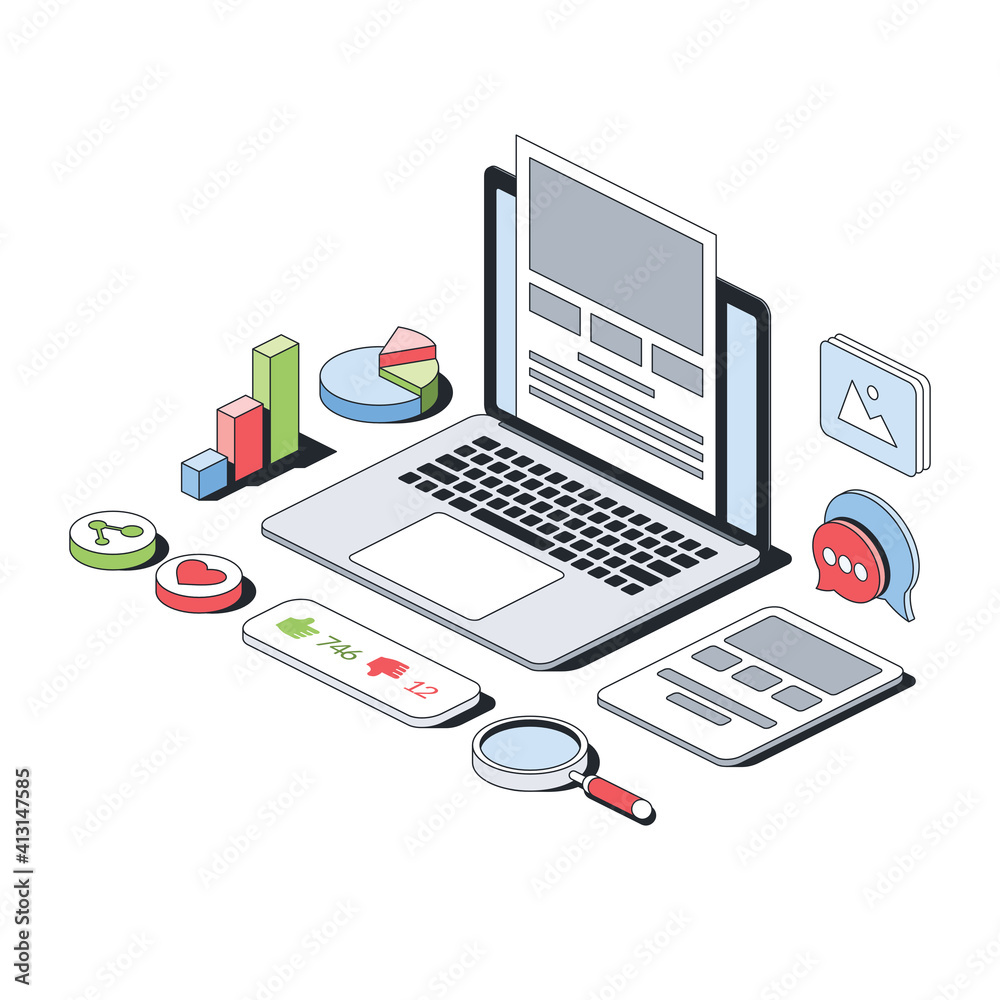 SEO marketing, website design, social network promotion. Vector 3d line isometric, color web icons, new flat style. Creative illustration, design idea for infographics. SEO marketing, website design, social network promotion. Vector 3d line isometric, color web icons, new flat style. Creative illustration, design idea for infographics.