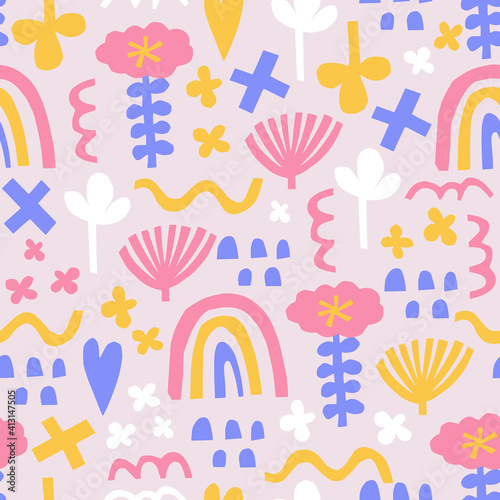 Abstract shapes seamless pattern. Modern bright funky background with rainbow, flower, clover leaf, wave. Cute vector paper cut collage - flat and simple. Trendy geometric flower print for fabric.