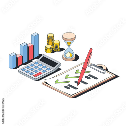 Graph, calculator, document contract, money coins and hourglass time. Vector 3d line isometric, color web icons, new flat style. Creative illustration, design idea for infographics.