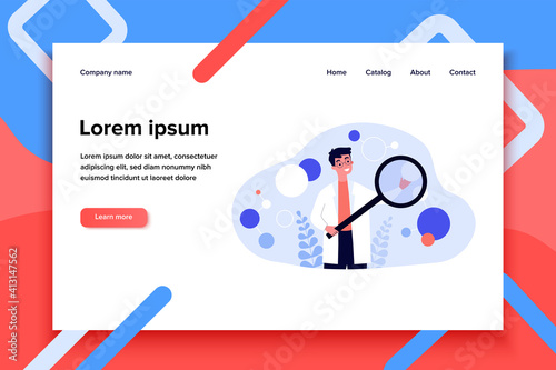 Scientist in lab coat checking algorithm flat vector illustration. Cartoon character with magnifier researching artificial neurons. Science, technology and neuroscience concept