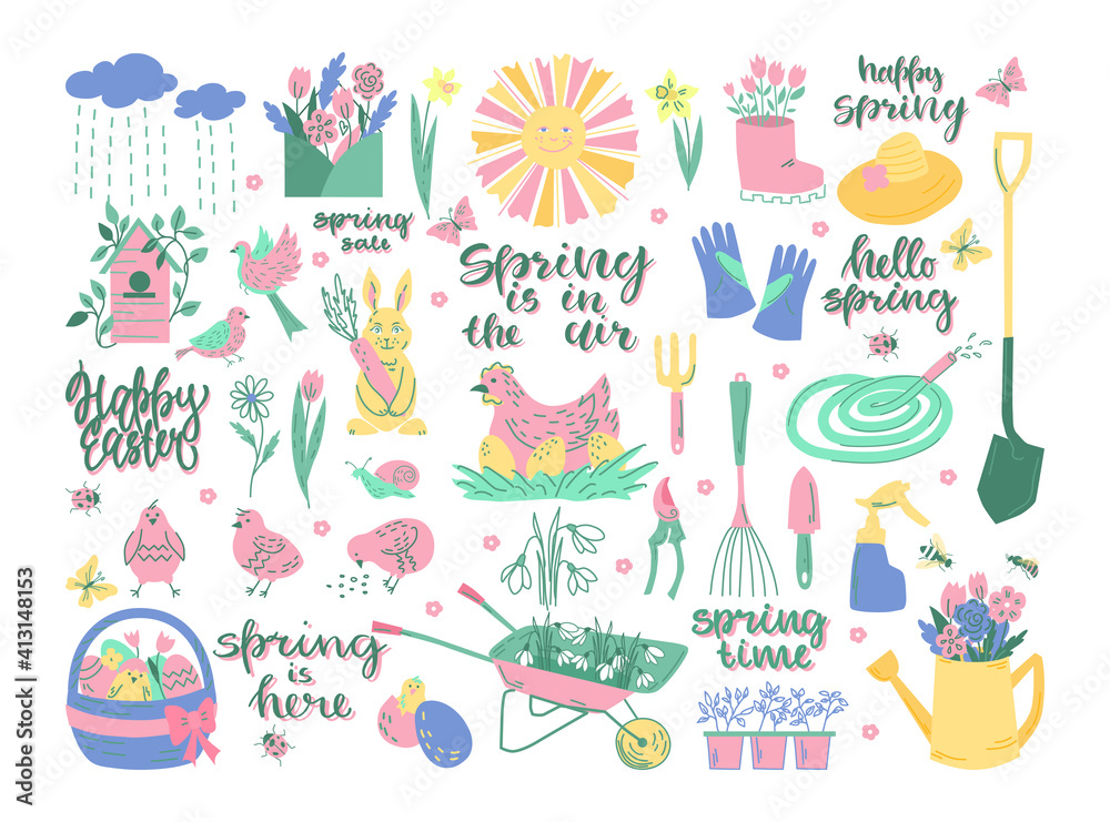Spring set of elements with lettering. Easter, spring, garden. Vector illustration.