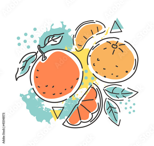 Orange and tangerine on an abstract background. Packaging design. Vector hand illustration.
