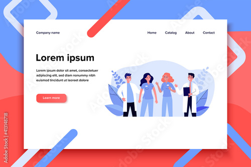 Team of hospital doctors standing together. Medical staff, physician, nurse flat vector illustration. Medicine, healthcare, job concept for banner, website design or landing web page