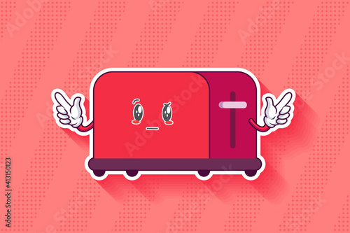 REALLY, ATTENTIVE, CURIOS Face Emotion. Double Forefinger Handgun Gesture. Toaster Cartoon Drawing Mascot Illustration.