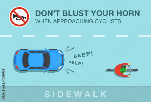 Car driver is honking horn for no reason. Top view of a sedan car and cyclist on a bicycle. Don't blust your horn when approaching cyclists. Flat vector illustration template.
