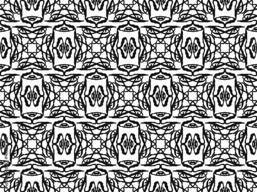 A weird black and white repeating pattern with geometric elements and strange shapes, vector illustration