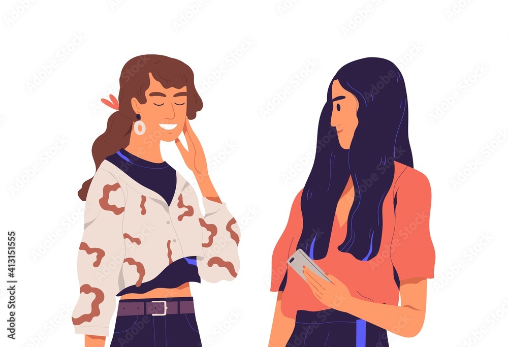 Awkward moment between two chatting people during conversation. Different reactions and face expressions laughing and discontent women. Colored flat vector illustration isolated on white background