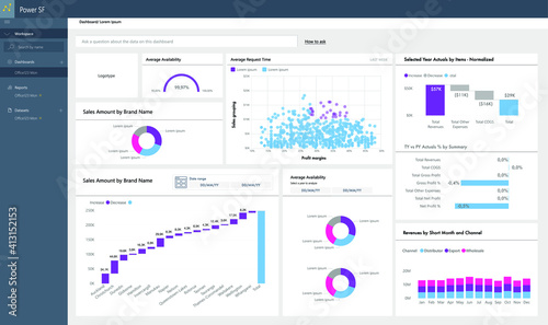 Dashboard 2.0 with graphs and charts to edit. Power BI template with bars. EPS10