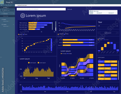 Dark theme. Data dashboard to edit. Graphs and charts. Maps. Power bi. EPS10