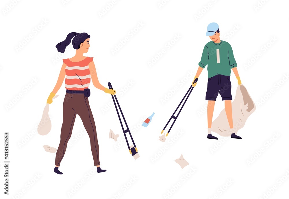Eco-volunteers collecting trash and litter with garbage collection tongs.  Young people cleaning street and throwing rubbish into bag. Colored flat  vector illustration isolated on white background. Stock Vector | Adobe Stock