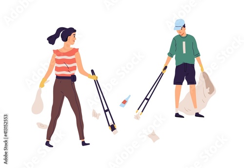 Eco-volunteers collecting trash and litter with garbage collection tongs. Young people cleaning street and throwing rubbish into bag. Colored flat vector illustration isolated on white background.