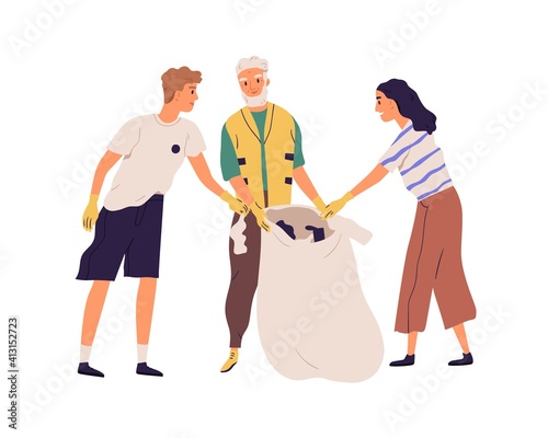 Young and elderly people cleaning nature by collecting garbage into trash bags. Family working together and picking plastic litter. Colored flat vector illustration isolated on white background