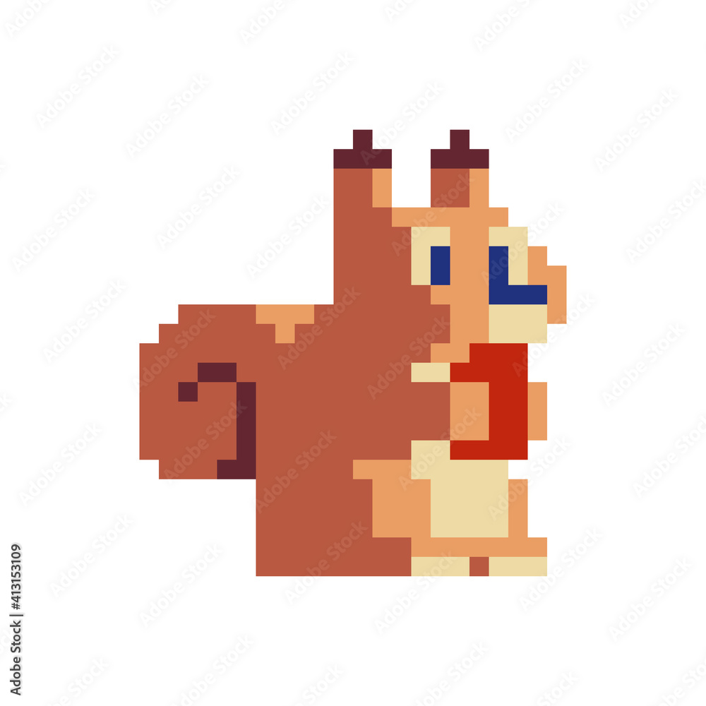 Squirrel pixel art cartoon character. Video game sprite. Stickers and embroidery design. 80s style. Isolated vector illustration. 