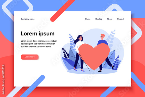 Visually impaired woman and man holding big heart. Romance, care, support flat vector illustration. Love and relationship concept for banner, website design or landing web page