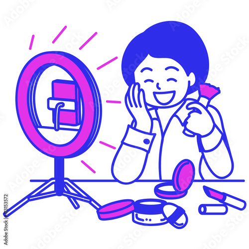 リングライトを使って、自宅で美容の動画を配信している女性のイラスト