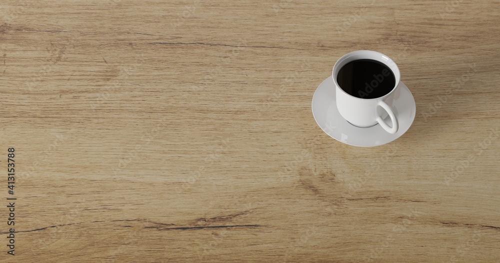 Obraz premium 3d render coffee cup on wood table. minimal workspace. wall concept template. hot coffee in mug. cafe and resturant template.