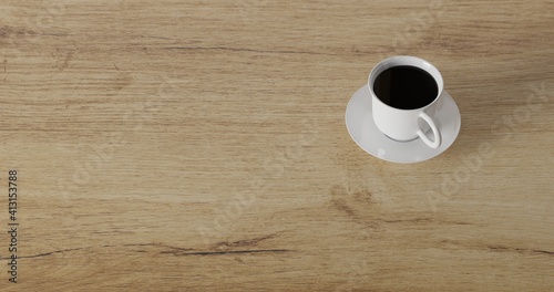 3d render coffee cup on wood table. minimal workspace. wall concept template. hot coffee in mug. cafe and resturant template.