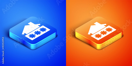 Isometric House with password notification icon isolated on blue and orange background. The concept of the house turnkey. Square button. Vector.