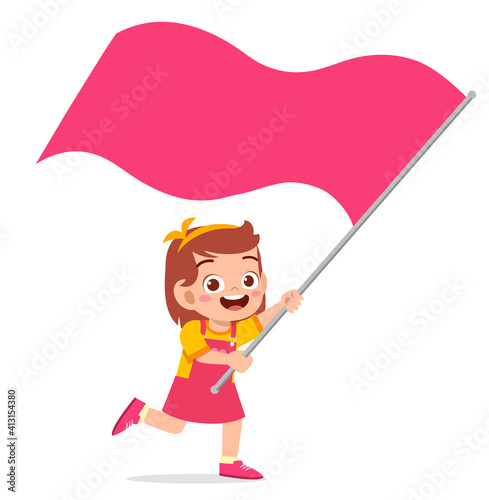 cute little girl run and holding flag