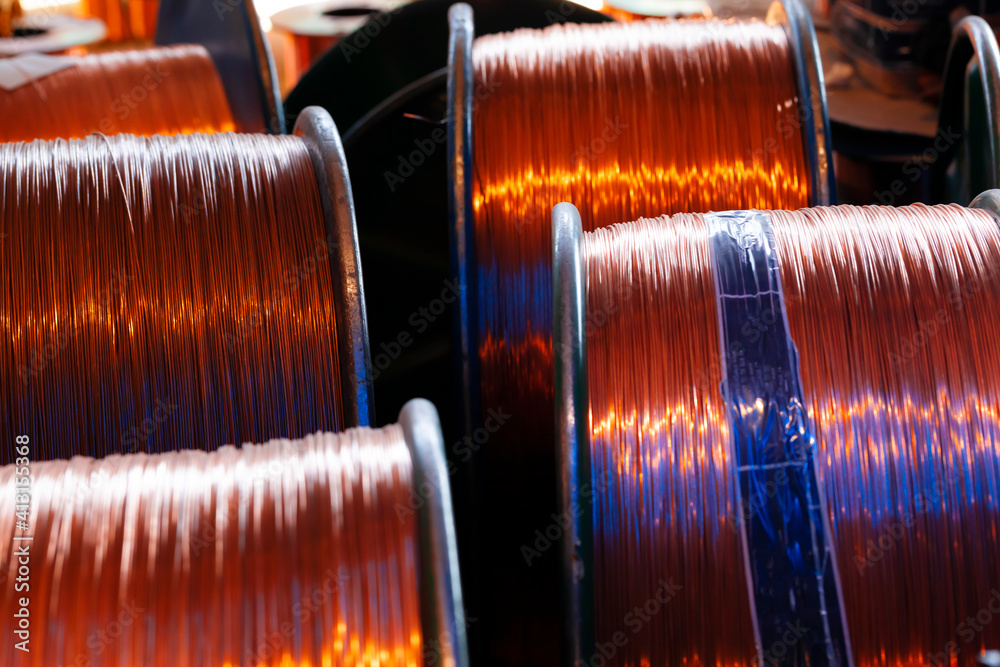 Copper wire reels in cable factory close up Copper wire reels in cable factory close up