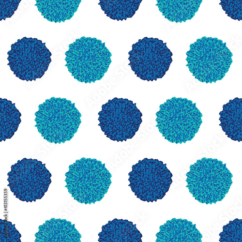 Vector seamless pattern, pom pom, bobble, dots in two different blue shades on white background. Repeating pattern.