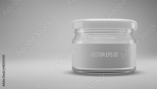 Small glass jam jar with a lid. A transparent jar with a white lid and label. Realistic 3D illustration. Vector