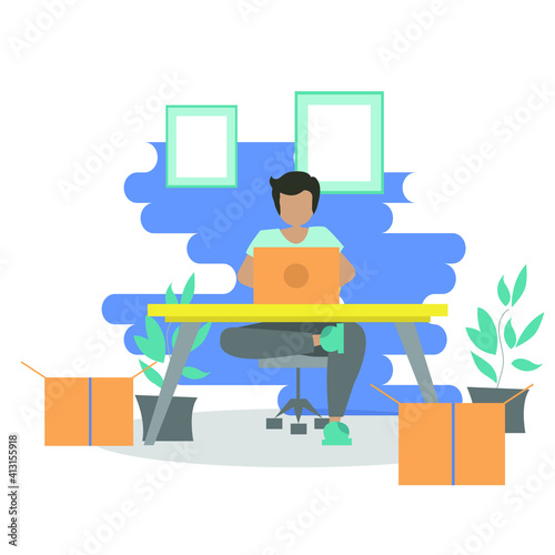 Working at home, coworking space, concept illustration. Young people, mаn and womаn freelancers working on laptops and computers at home. Vector flat style illustration.