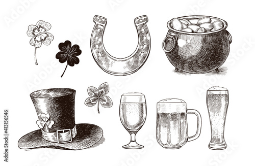 Happy Saint Patricks Day! Irish festival retro vintage decoration. Vector vintage hand drawn saint Patrick day. Vector collection of ink hand drawn illustrations for St. Patrick's day. Vintage set