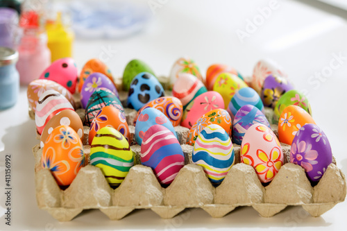 Variety color and pattern of hand painted easter eggs for decoration. © Bangkok Click Studio