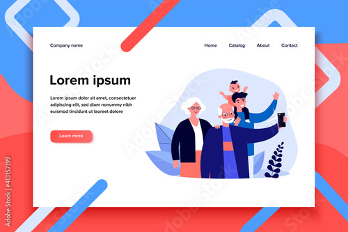 Senior couple taking selfie with son and grandson. Man and kid visiting grandparents flat vector illustration. Family, photography concept for banner, website design or landing web page