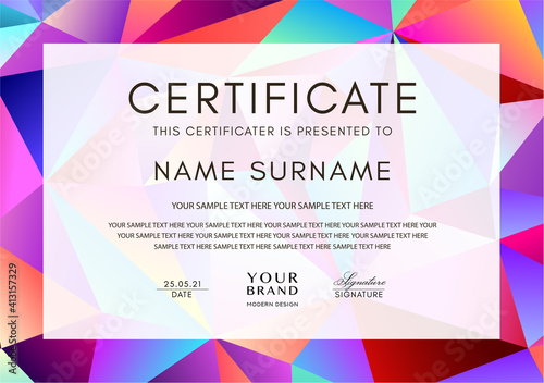 Certificate template with geometry polygon pattern (triangle texture)  frame on background. Design for Diploma, certificate of appreciation or award