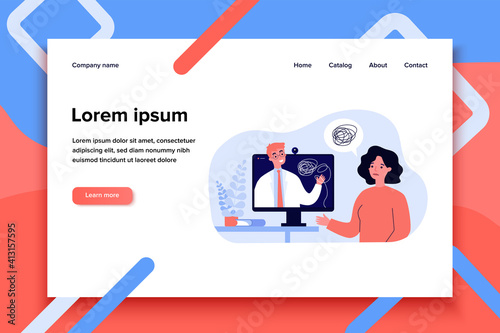 Sad woman counseling with psychologist online isolated flat vector illustration. Cartoon psychiatrist giving advice via internet consultation. Psychotherapy and mental health concept