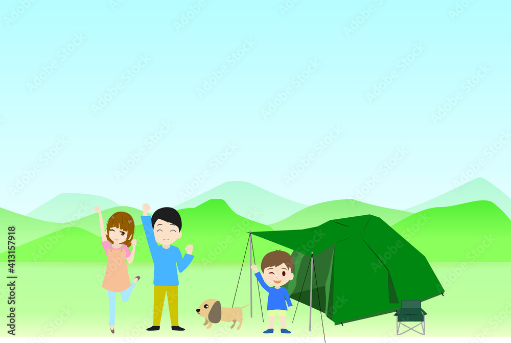 キャンプと可愛い家族のコピースペース背景