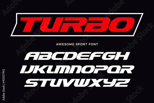 Turbo font. Heavy italic letters, modern type for sport logo, speed race headline, dynamic monogram, lettering and typography. Bold wide style letters, vector typographic design