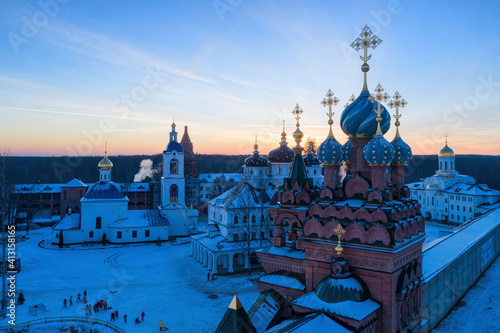 Aerial view of Nikolo-Solbinsky convent (monastery) at sunset. Solba, Yaroslavl Oblast, Russia.