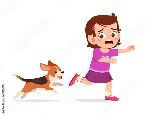 cute little girl scared because chased by bad dog