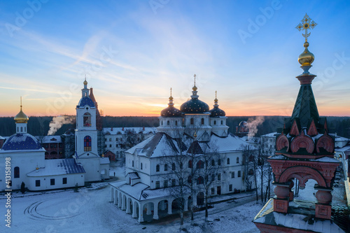 Aerial view of Nikolo-Solbinsky convent (monastery) at sunset. Solba, Yaroslavl Oblast, Russia.