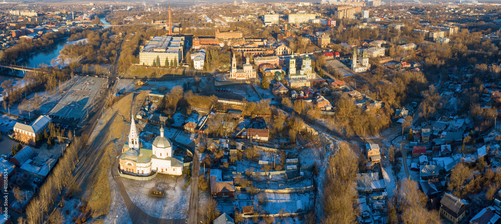 Panoramic aerial view of historical part of Serpukhov and Kremlin hill at sunny winter day. Moscow Oblast, Russia.