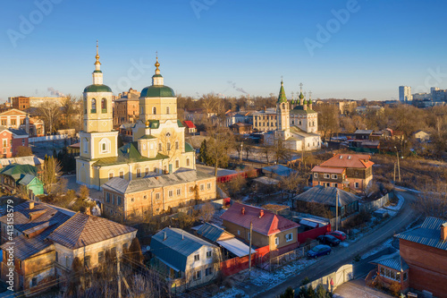 Aerial view of historical part of Serpukhov and church of Elijah the Prophet at sunny winter day. Moscow Oblast, Russia.