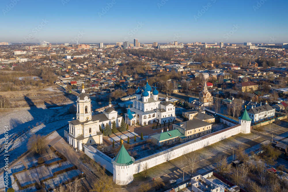 Aerial view of Vysotsky Zachatievsky (Immaculate Conception) monastery on sunny winter day. Serpukhov, Moscow Oblast, Russia.