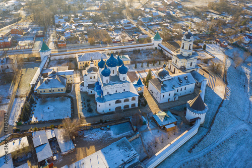 Aerial view of Vysotsky Zachatievsky (Immaculate Conception) monastery at sunny winter day. Serpukhov, Moscow Oblast, Russia.