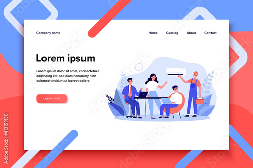 Technician visiting office for air conditioner repair. Office workers, overall, tool box flat vector illustration. Technical service, engineer concept for banner, website design or landing web page