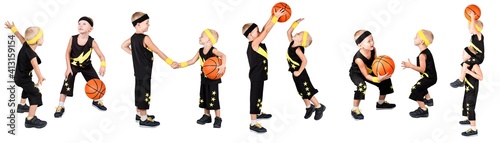 Two brothers playing basketball .Collage isolated on white.