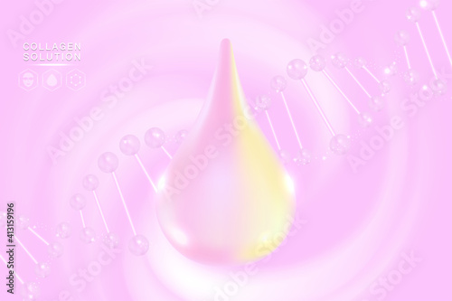 Hyaluronic acid skin solutions ad, pink and yellow collagen serum drop with cosmetic advertising background ready to use, illustration vector.