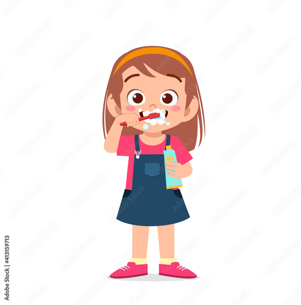 cute little girl brushing teeth and holding toothpaste cute little girl brushing teeth and holding toothpaste